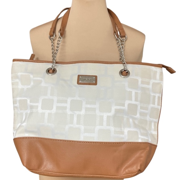 bag tote NINE WEST 10x16x4 canvas faux leather vegan shoulder straps - Picture 1 of 15